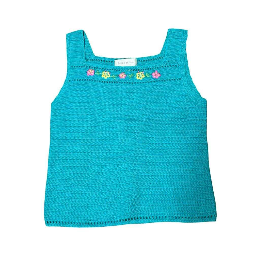 Y2K Susan Bristol V Neck Knit Vest Tank Top Womens Small Floral Embroidered